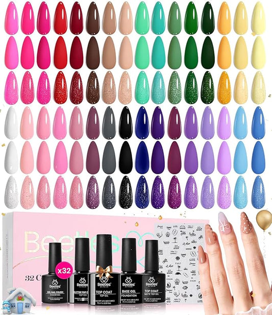 beetles Gel Polish Winter Gel Nail Polish Set Purple Orange Red Brown Black White Blue Nude Green 32 Colors All Seasons Kit with Base Top Coat UV LED Needed Gifts for Women Fingertips Canvas