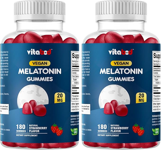 Melatonin 20mg Gummies - 180 Count - Drug Free - Natural Strawberry Flavor - Vegetarian, Non-GMO, Gluten Free (2 Bottles)