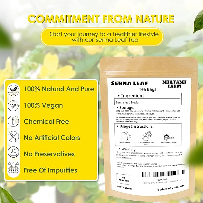 NHAT ANH FARM - Premium Senna Leaf Tea Bags, 40 Senna Leaf Tea Bags, 100% Natural Dried Senna Leaf, Naturally Sweet Herbal Tea, Sugar-Free, Caffeine-Free, No Additives.