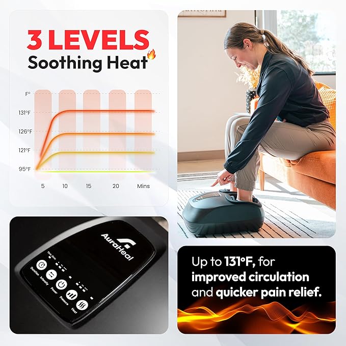 Shiatsu Foot Massager with Heat & Deep Kneading - Relieves Plantar Fasciitis, Neuropathy & Foot Fatigue - Features Adjustable Heat & 3 Compression Setting - Fits Up to Men’s Size 14
