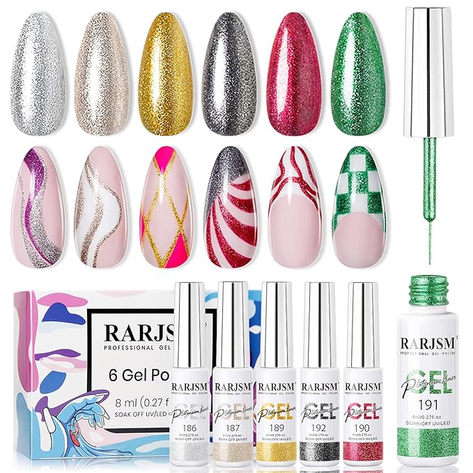 RARJSM Metallic Painting Gel Nail Polish Set,Black Silver Gold Green Pink Black Glitter Platinum Effect Drawing GelPolish 6 Pieces,Curing Reqired Nail Art Design Dotting Gel Liner Brush Pen Tool 8ml