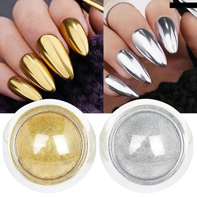 Gold & Silver Chrome Nail Powder - 4 Jar Metallic Mirror Effect Chrome Powder for Gel Nails, Nail Decoration Glitter Dust for Nail Art
