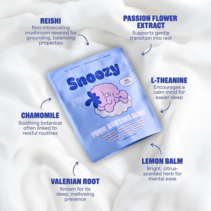 Snoozy Bedtime Buddy, Reishi Mushroom Sleep Gummies | Chamomile, Valerian Root, Lemon Balm Extract | Natural Sleep Aid, Melatonin Free | Raspberry Flavored, 60 Gummies, 1 Pack