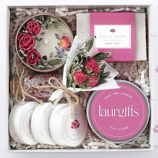 Rose & Jasmine Spa Gift Box for Women – Self Care Gift Basket with Candle, Soap, Bath Salts, Scrub & Shower Steamers – Birthday, Thank You & Relaxing Gifts for Mom, Wife, Sister, Friend