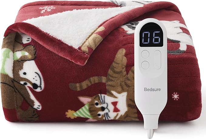 Bedsure Christmas Heated Blanket Throw - Soft Flannel Sherpa Electric Blanket with Pet Pattern, Heated Throw as a Gift, with 6 Heating Levels, 4 Time Settings, and 3-Hour Auto-Off (50x60 inches)