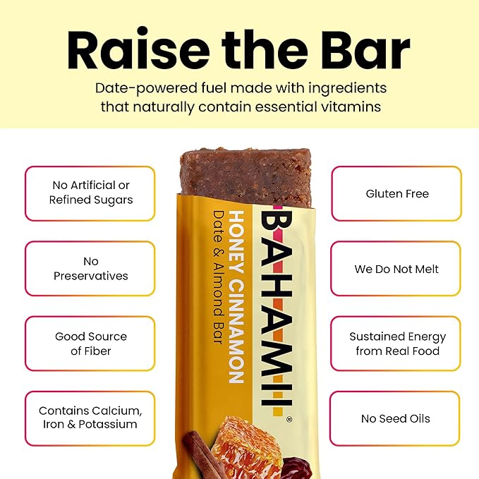 Bahamii - Almond & Date Bars (Honey Cinnamon) - Healthy Snack Bars with Dates - Non-GMO, Gluten-Free, Dairy-Free, Kosher, and No Sugar Added Fruit and Nut Bar - Simple Ingredient Snack (12-Pack)