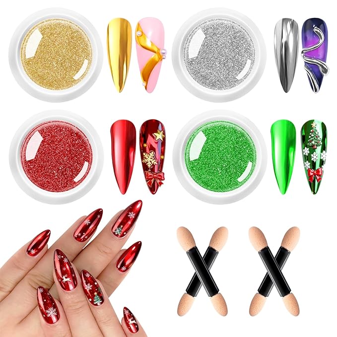 Holographic Aurora Nail Powder 4 PCS - Metallic Silver Gold Green Mirror Chrome Pigment for Professional Nail Art Decoration,Salon Grade Chrome Powder Set