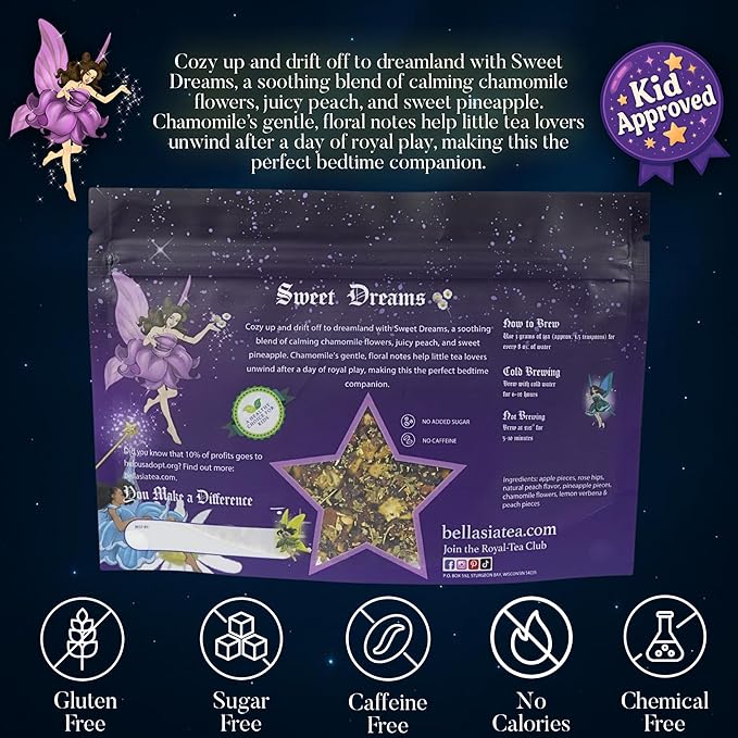 Bellasia Tea Sweet Dreams Cozy Kids Sleepy Time Tea– Relaxing Chamomile Herbal Blend with Real Peach & Pineapple Pieces- Soothing, Caffeine-Free Herbal Tea for Children – Promotes Calm Bedtime Routine