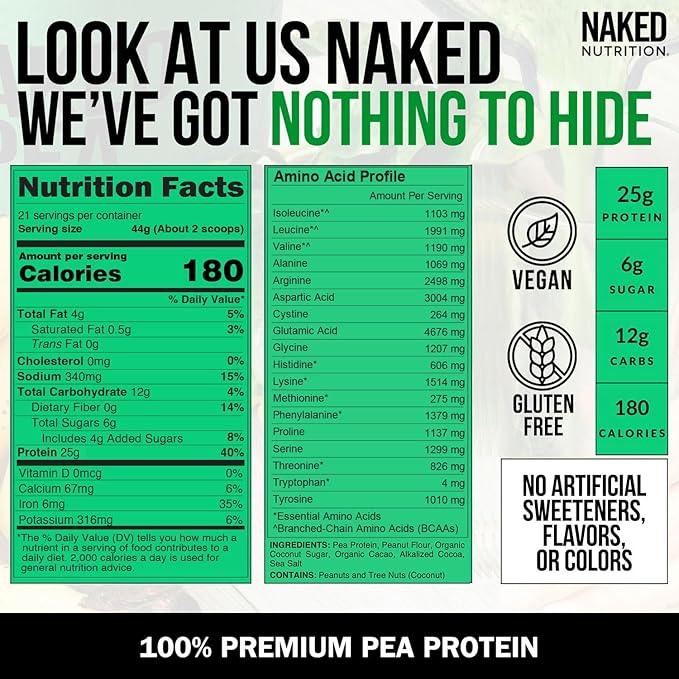 Naked Pea - Chocolate Peanut Butter Protein from US & Canadian Farms, Organic Cocoa, Organic Coconut Sugar - No GMO, No Soy, and Gluten Free, Aid Growth and Recovery - 21 Servings