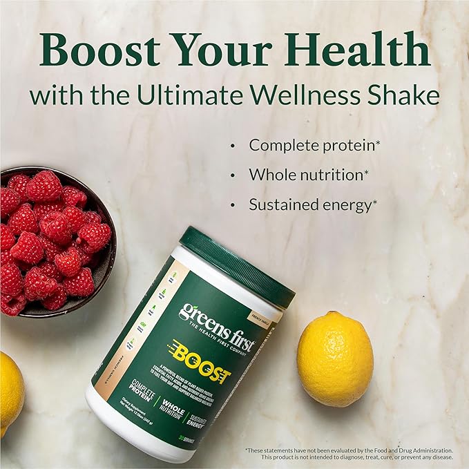Greens First Boost - Plant-Based Protein & Balanced Nutrition - Superfood Shake Mix - No Wheat or Soy - Dairy-Free - Vegan - Dutch Chocolate, 12.28 oz.