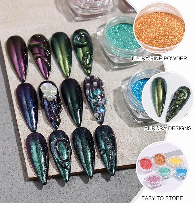 6 Color Chrome Nail Powder Set Bright Iridescent Aurua Nail Glitter Dust Sequins Holographic Metallic Mirror Effect Pigment for Nail Gel Home Manicure Salon Use