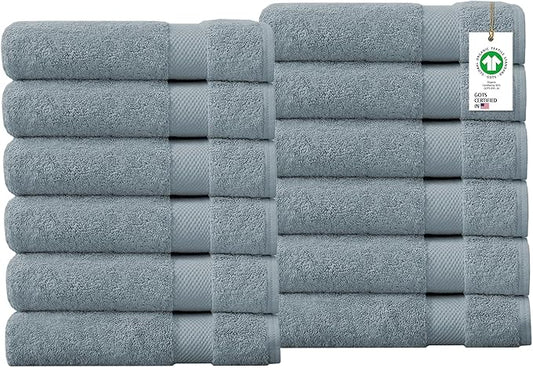 Delara Organic Cotton Towels, 650 GSM Plush Feather Touch Quick Dry Wash Cloths, 12 Pack, GOTS Certified, Light Blue, 13x13 inch