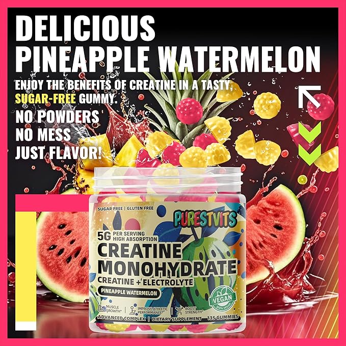 Creatine Monohydrate Gummies (5g) – Pre-Workout Energy & Muscle Growth Support for Men & Women | Pineapple Watermelon Electrolyte Gummies (135 Count)