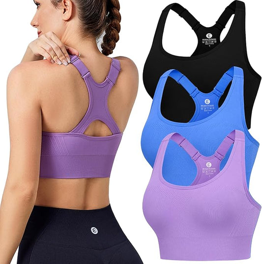 Evercute Adjustable Sports Bras for Women 3/4 Pack Racerback High Support Bras Padded Workout Bras Seamless Yoga Athletic Bra