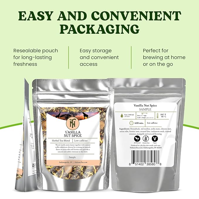 Nelson's Tea Vanilla Nut Spice - Cut & Sifted, Low Caffeine Rooibos Loose Leaf Tea with Honeybush, Yerba Mate, Chicory Root, Licorice Root, Cardamom Seeds, Coconut and Marigold Herbal Blend (Sample 0.4 Oz)