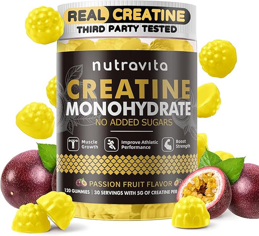 Nutravita Creatine Monohydrate Gummies for Men & Women-5g of Creatine Monohydrate per Serving - Sugar Free,Vegan, Passion Fruit Flavor, 120 Count