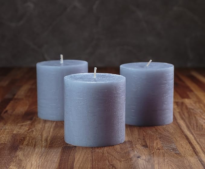 Set of 3 Pillar Candles 3" x 3" Unscented Handpoured Weddings, Home Decoration, Restaurants, Spa, Church Smokeless Cotton Wick - Grey
