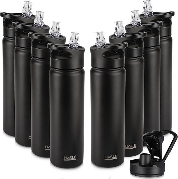 HASLE OUTFITTERS Insulated Water Bottle 22 oz Double Wall Stainless Steel Water Bottle Wide Mouth with Straw Lid & Spout Lid Keeps Cold or Hot(Black,8)
