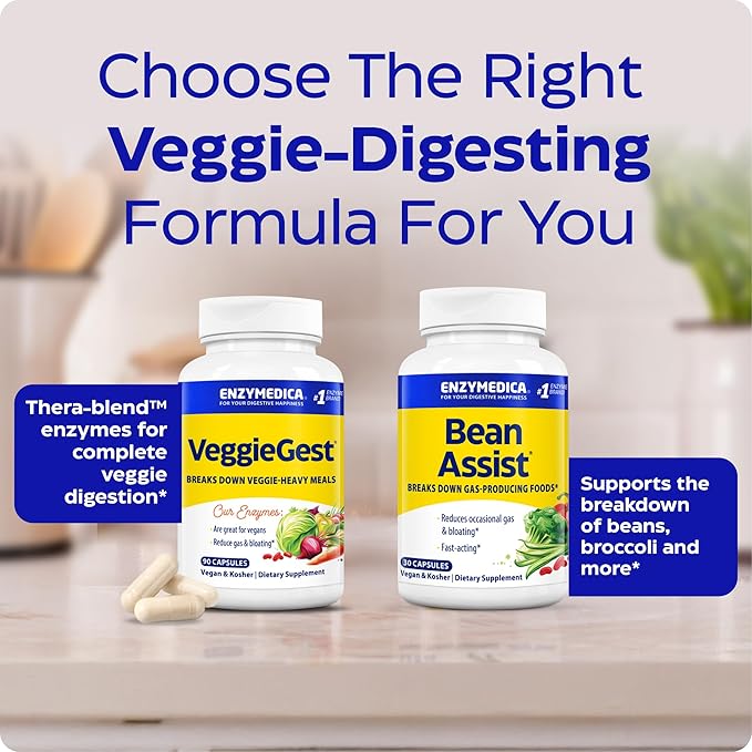 Enzymedica, VeggieGest, Digestive Enzymes, Supports Occasional Gas & Bloating Relief from High Fiber Meals, for Vegan & Vegetarian Diets, Enzyme Blend for Digestive Health, 60 Count