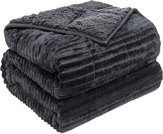 Sherpa Fleece Adult Weighted Blanket 20lbs with Ribbed Stripes, Dual Sided Fuzzy Warm Blanket for Couch Bed Sofa, Heavy Thick Blankets with Ceramic Beads Great for Sleep, Dark Grey, 60" x 80"