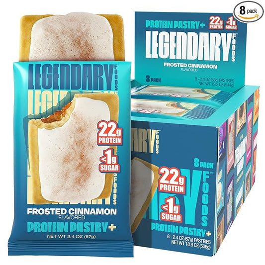 Legendary Foods 22g Protein Pastry+ Cinnamon Low Carb Meal Replacement Bar - Low Glycemic, Gluten Free Protien Snacks - Healthy Keto Snack Box, 8x Zero Sugar Energy Bars - Bariatric Diabetic Friendly