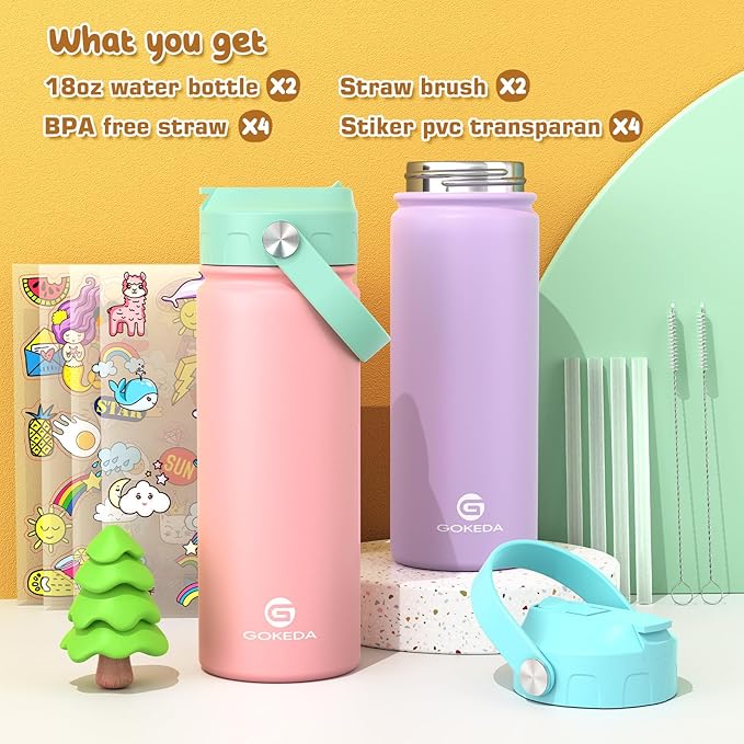GoKEDA 18oz Kids Water Bottle, 2 Pack Insulated Bottles with Stickers, 18/8 Stainless Steel Vacuum Leak Proof Straw Cup for School, Gifts for Girls(Pink, Purple)