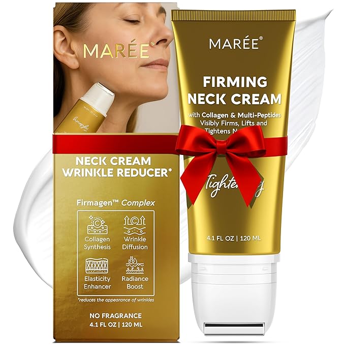 MAREE Neck Cream with Roller - Lifting Neck Creams For Tightening and Firming - 3D-Collagen & AH-8 Firming Neck Cream Roller - Face Décolleté Wrinkle Cream for Women - Crema Reafirmante Para el Cuello