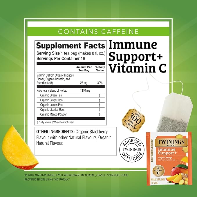 Twinings Superblends Immune Support+ Herbal Tea with Vitamin C, Ginger & Mango Flavoured Green Tea, 16 Tea Bags (Pack of 6), Naturally Caffeine-Free, Enjoy Hot or Iced, 96 Teabags
