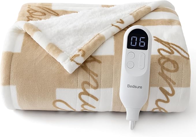 Bedsure Healing Heated Blanket Throw - Flannel Sherpa Electric Blanket with Inspirational Words, Heated Throw with 6 Heating Levels, 4 Time Settings, 3-Hour Auto-Off, Gift for Grandma (50"x60")