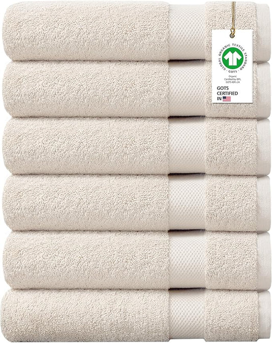Delara 100% Organic Cotton Towels 650 GSM Plush Feather Touch Quick Dry Bath Towel, Pack of 6 GOTS Certified, Oeko-Tex Green Certified, Organic Cotton Bath Towel, 30"X58"