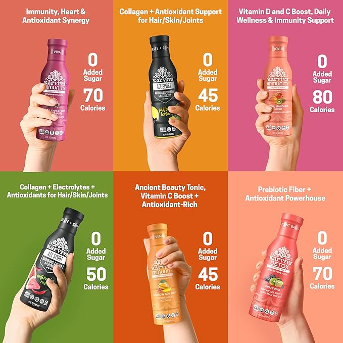 Karviva Organic Juice Cleanse & Skin Glowing Pack – Detox & Collagen Boost, Low-Sugar, High Fiber, Antioxidants & Vitamins – Ancient Remedies For Weight Control & Sugar Detox, 1–3 Day Use (6 BPA-Free Bottles, 12 oz each)