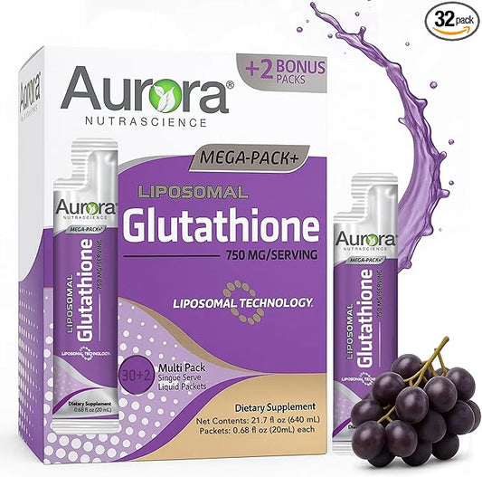 Aurora Nutrascience Mega-Liposomal Liquid Glutathione, Immune & Antioxidant Gut Health Support Supplement, 750 mg per Serving, Non-GMO, Sugar-Free, 32 Single Serve Packets