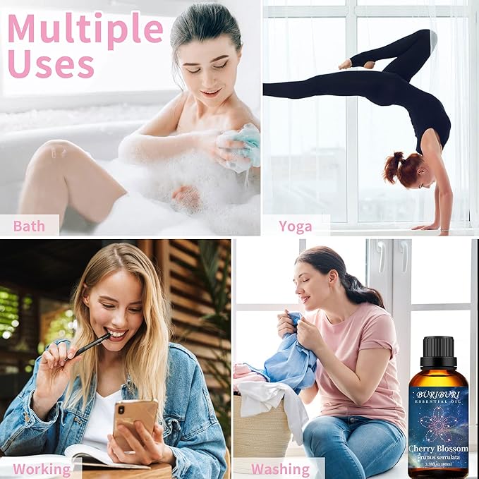 BURIBURI Cherry Blossom Essential Oil for Aromatherapy Diffuser, Skin, 100% Pure Cherry Blossom Oil 100ML for Candle, Soap, Perfume Making Cherry Fragrance Oil 3.38fl.oz