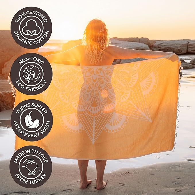 FESHKA Sand Proof Turkish Beach Towel – Oversized, Quick Dry & Lightweight Travel Towel - 100% Organic Cotton Beach Blanket - Perfect for Bath, Pool & Picnic | Frozen (Yellow)