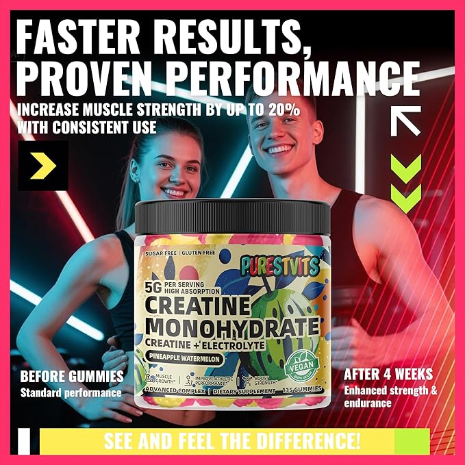 Creatine Monohydrate Gummies (5g) – Pre-Workout Energy & Muscle Growth Support for Men & Women | Pineapple Watermelon Electrolyte Gummies (135 Count)