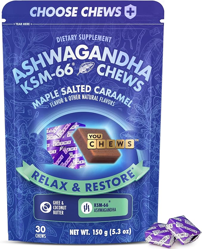Ashwagandha KSM-66 Chews for Stress Relief & Mood Support, Organic Ashwagandha Gummies KSM 66 Alternative, Mood Support, Maple Salted Caramel Flavor, 30 Count