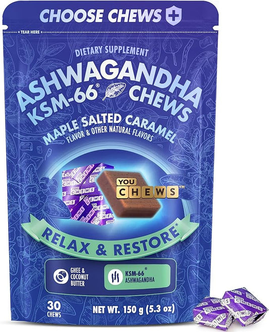 Ashwagandha KSM-66 Chews for Stress Relief & Mood Support, Organic Ashwagandha Gummies KSM 66 Alternative, Mood Support, Maple Salted Caramel Flavor, 30 Count