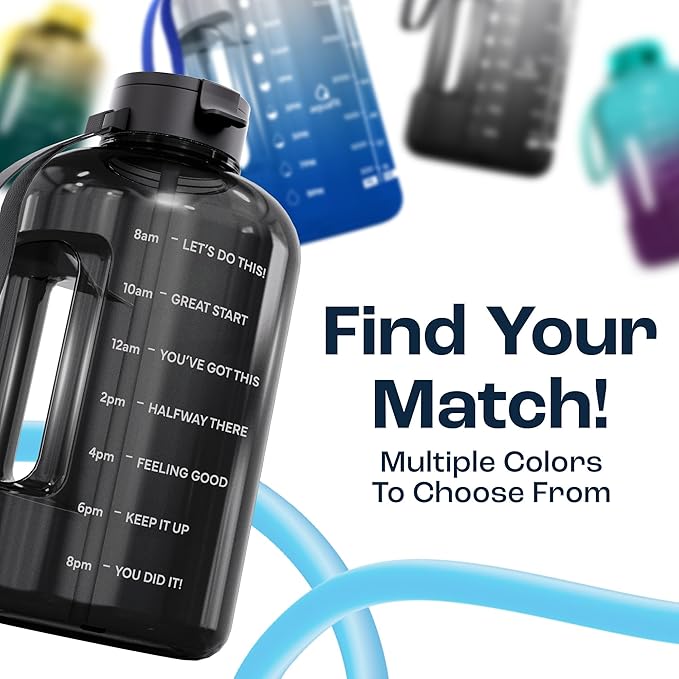 AQUAFIT Half Gallon Water Bottle with Time Marker - Straw & Chug Lid - BPA Free Gym Water Bottle with Straw - Big Gallon Jug (Midnight Gray, 64 oz - 2 Lids)
