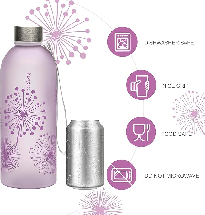 bzyoo 32oz 1 Liter Clear Water Bottle with Time Marker, Dandelion Design, Durable Plastic, BPA-Free, Reusable with Measurement Markings for Fitness and Outdoor Activities (Color: Purple)