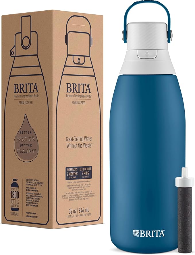 Brita Stainless Steel Premium Filtering Water Bottle, BPA-Free, Reusable, Insulated, Replaces 300 Plastic Water Bottles, Filter Lasts 2 Months or 40 Gallons, Includes 1 Filter, Marina - 32 oz.