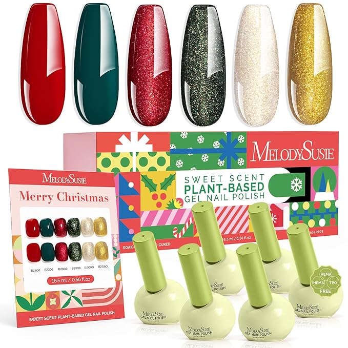 MelodySusie Highly Pigmented Gel Nail Polish Set, 0.56 fl.oz Tilt-and-Stand Bottle, HEMA Free Plant-Based, 6 Colors Christmas New Year, Soak Off UV LED Manicure Kit Gift Box(Red Glitter Gold Green)