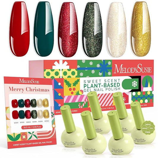 MelodySusie Highly Pigmented Gel Nail Polish Set, 0.56 fl.oz Tilt-and-Stand Bottle, HEMA Free Plant-Based, 6 Colors Christmas New Year, Soak Off UV LED Manicure Kit Gift Box(Red Glitter Gold Green)