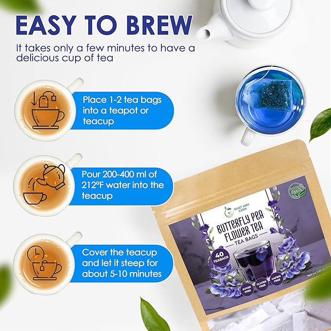 Nhat Anh Farm - Premium Butterfly Pea Tea Bags - Dried Butterfly Pea Flower Tea Bags - 40 Teabags, 2.5g/bag), 100% Natural & Pure/Sugar/Caffeine/Gluten Free. Good For Your Health
