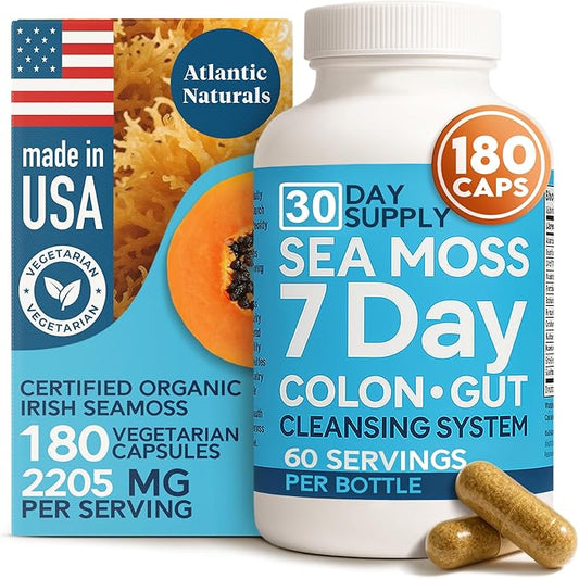 Atlantic Naturals Sea Moss 7-Day Colon & Gut – with Psyllium Husk Senna Powder, Golden Flax, Turmeric & Herbs for Digestive Health, Bloating, & Natural Flushing for Women & Men - 180 Capsules.