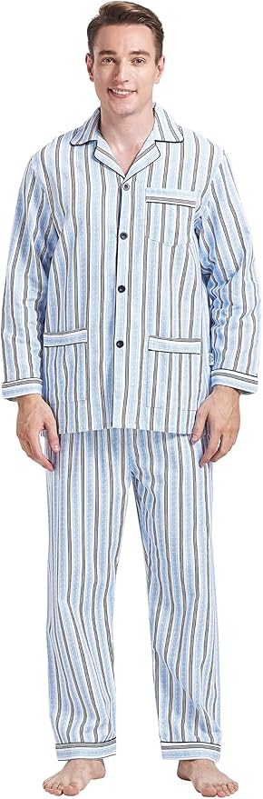 GLOBAL Men's Pajamas Sets 100% Cotton Flannel Sleepwear Long-Sleeve top & Bottom