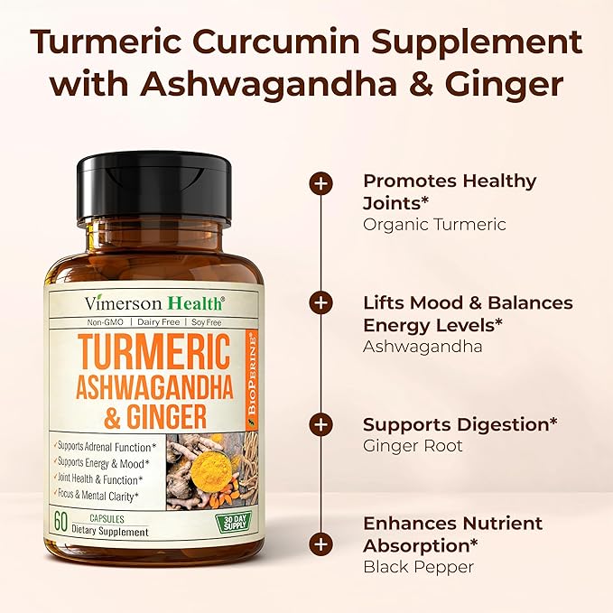 Ashwagandha Turmeric Curcumin Supplement with Ginger - Organic Turmeric Supplement, Curcumin with Black Pepper (95% Curcuminoids), Ginger Root for Joint Health, Energy & Immune Support. 2 Pack