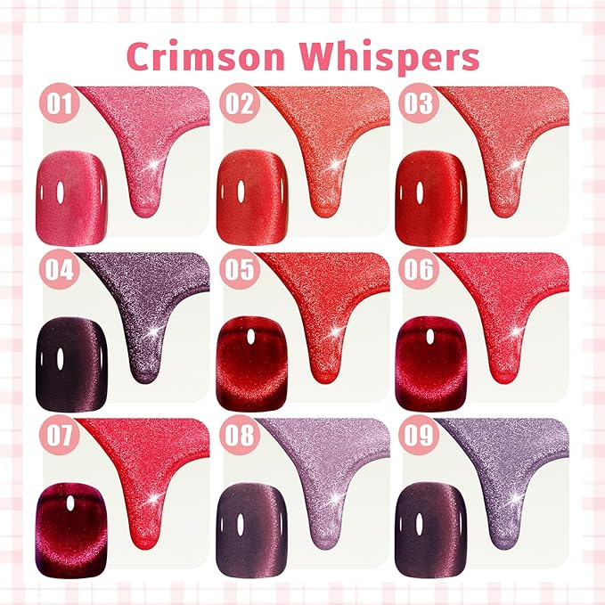 Gel Nail Polish Set, Cat Eye Gel Polish Kit, Scarlet Burgundy Carmine Dark Red Purple Holographic Reflective Magnetic Shimmer Gel, Manicure Salon DIY Gifts, Soak Off, UV/LED Cured (9 Colors A)