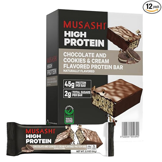 MUSASHI High Protein Bar, 45g Protein, 2g Total Sugars, Cookies & Cream, Post Workout and Protein Snack On The Go, 12 Pack of 3.2oz (90g) Bars