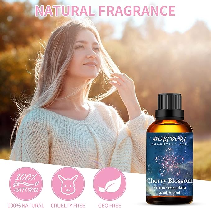 BURIBURI Cherry Blossom Essential Oil for Aromatherapy Diffuser, Skin, 100% Pure Cherry Blossom Oil 100ML for Candle, Soap, Perfume Making Cherry Fragrance Oil 3.38fl.oz