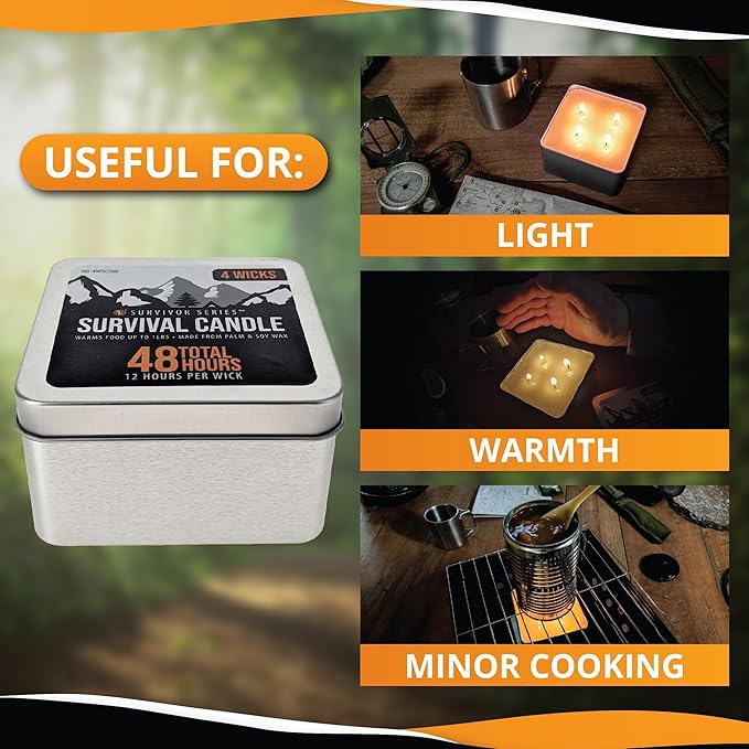 SE 4 Wicks Survival Candle in Tin Box, 48 Total Hours/12 Hours Per Wick Top Layer Soy Wax, Great Light Source Gear for Survival, Camping, Blackout & Peace of Mind